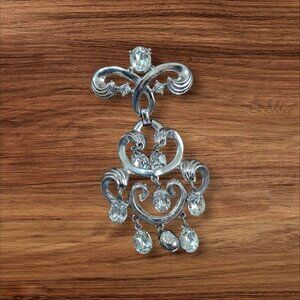 Crown Trifari Vintage Rhinestone Chandelier Brooch Articulated Pin Silver-Tone